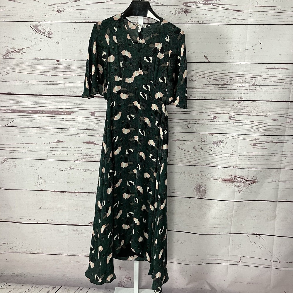 Derek Lam 10 Crosby Green Print Silk Midi Dress Short Sleeve Hi Low Size 2